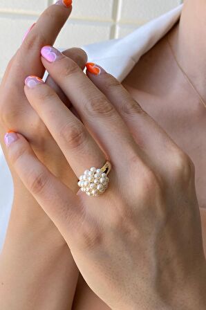 Birinci1926 14 Ayar Yeşil Altın Kadın Yuvarlak İnci Yüzük