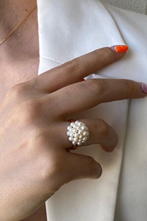 Birinci1926 14 Ayar Yeşil Altın Kadın Yuvarlak İnci Yüzük