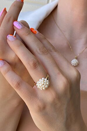 Birinci1926 14 Ayar Yeşil Altın Kadın Yuvarlak İnci Yüzük