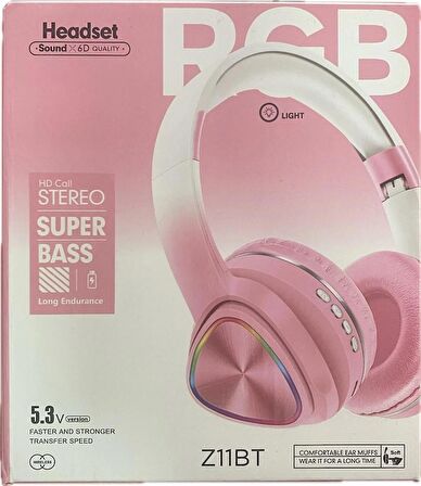 Z11BT Kablosuz Kulak Üstü RGB Led Işıklı Stereo Bluetooth Kulaklık PEMBE