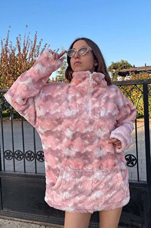 Unisex Kanguru Model Pembe Tasarım Kadın Sweat