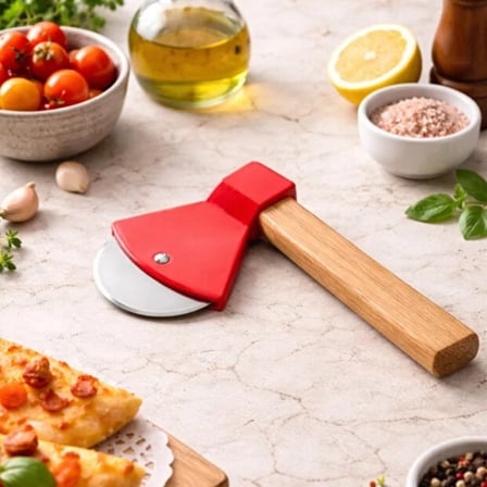 Ev Aksesuarı Mutfak Aracı Pizza Kesici - Balta Tasarımlı - Ahşap Saplı - Paslanmaz Çelik Bıçaklı