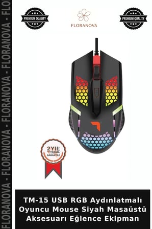 TM-15 USB RGB Aydınlatmalı Oyuncu Mouse Siyah Masaüstü Aksesuarı Eğlence Ekipman