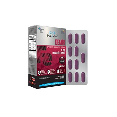 Fe Prebiyotik Ve Demir İçeren Takviye Edici Gıda 30 Bitkisel Sert Kapsül