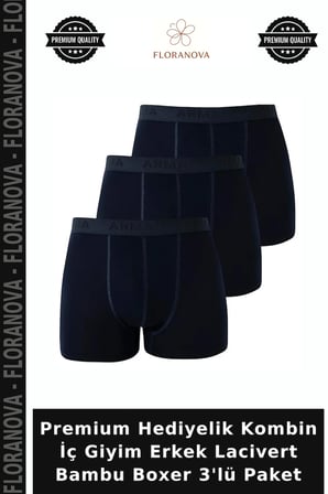 Premium Hediyelik Kombin İç Giyim Erkek Lacivert Bambu Boxer 3'lü Paket