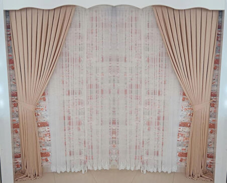 Açık Vizon Renk Fon Kadife Perde Çift Kanat 1/3 Sık Pileli Dikim V-05