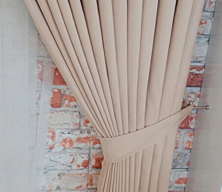 Açık Vizon Renk Fon Kadife Perde Çift Kanat 1/3 Sık Pileli Dikim V-05