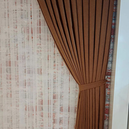 Kahve Renk Fon Kadife Perde Çift Kanat 1/3 Sık Pileli Dikim V-12
