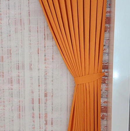 Turuncu Renk Fon Kadife Perde Çift Kanat 1/3 Sık Pileli Dikim V-15