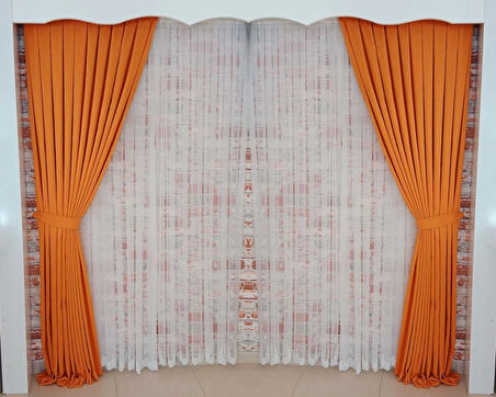 Turuncu Renk Fon Kadife Perde Çift Kanat 1/3 Sık Pileli Dikim V-15