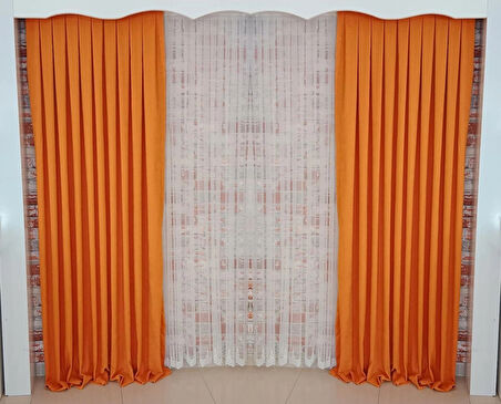 Turuncu Renk Fon Kadife Perde Çift Kanat 1/3 Sık Pileli Dikim V-15