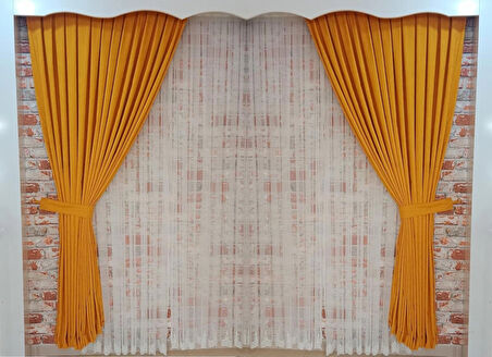 Hardal Sarısı Renk Fon Kadife Perde Çift Kanat 1/3 Sık Pileli Dikim V-16