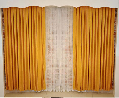 Hardal Sarısı Renk Fon Kadife Perde Çift Kanat 1/3 Sık Pileli Dikim V-16