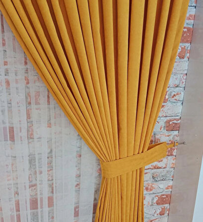 Hardal Sarısı Renk Fon Kadife Perde Çift Kanat 1/3 Sık Pileli Dikim V-16