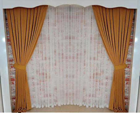 Koyu Hardal Renk Fon Kadife Perde Çift Kanat 1/3 Sık Pileli Dikim V-17