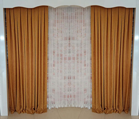 Koyu Hardal Renk Fon Kadife Perde Çift Kanat 1/3 Sık Pileli Dikim V-17