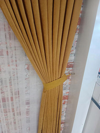 Koyu Hardal Renk Fon Kadife Perde Çift Kanat 1/3 Sık Pileli Dikim V-17