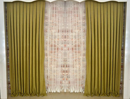 Açık Fıstık Yeşili Renk Fon Kadife Perde Çift Kanat 1/3 Sık Pileli Dikim V-18