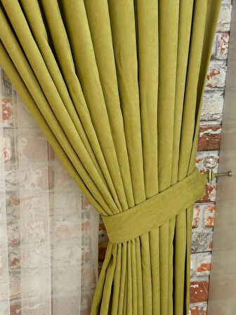 Açık Fıstık Yeşili Renk Fon Kadife Perde Çift Kanat 1/3 Sık Pileli Dikim V-18