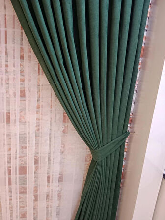 Yeşil Renk Fon Kadife Perde Çift Kanat 1/3 Sık Pileli Dikim V-20