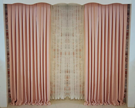 Açık Gül Renk Fon Kadife Perde Çift Kanat 1/3 Sık Pileli Dikim V-24