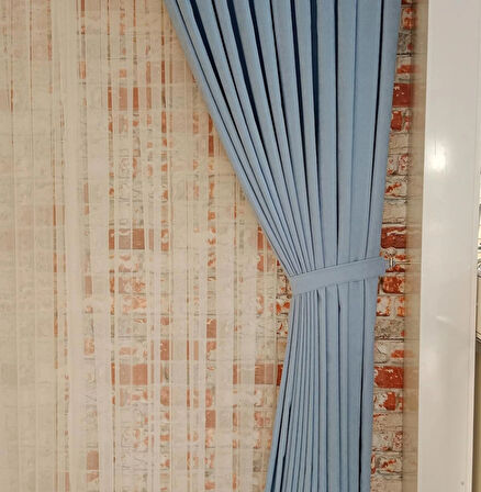 Bebe Mavisi Renk Fon Kadife Perde Çift Kanat 1/3 Sık Pileli Dikim V-32