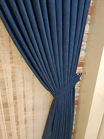 Parlement Mavisi Renk Fon Kadife Perde Çift Kanat 1/3 Sık Pileli Dikim V-34