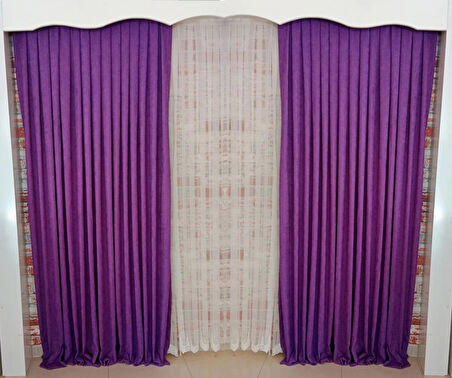Lila Renk Fon Kadife Perde Çift Kanat 1/3 Sık Pileli Dikim V-36