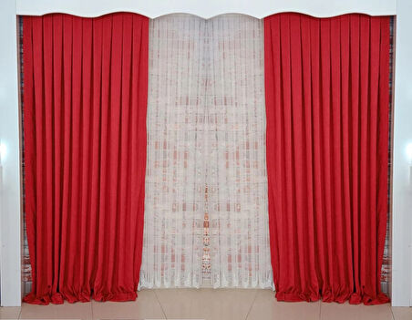 Kırmızı Renk Fon Kadife Perde Çift Kanat 1/3 Sık Pileli Dikim V-39