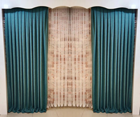 Çam Yeşili Renk Fon Kadife Perde Çift Kanat 1/3 Sık Pileli Dikim V-68