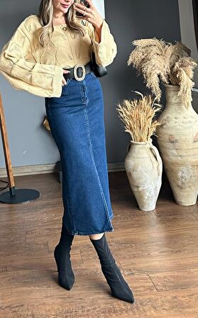 ZR Model Yırtmaç Detaylı Düğmeli Kot Etek Koyu Mavi Midi Diz Boy