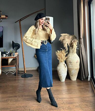 ZR Model Yırtmaç Detaylı Düğmeli Kot Etek Koyu Mavi Midi Diz Boy
