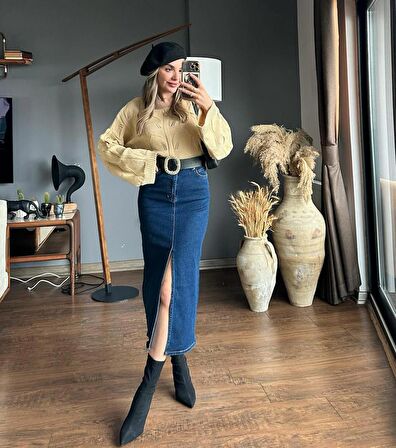 ZR Model Yırtmaç Detaylı Düğmeli Kot Etek Koyu Mavi Midi Diz Boy