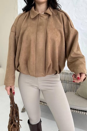 Prifaldi ZR Oversize EKRU Süet Bomber Ceket