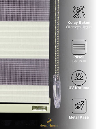 Demor Home Geniş Pliseli Ekru Zebra Stor Güneşlik Perde Metal Kasa