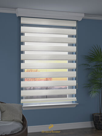 Demor Home Geniş Pliseli Ekru Zebra Stor Güneşlik Perde Metal Kasa