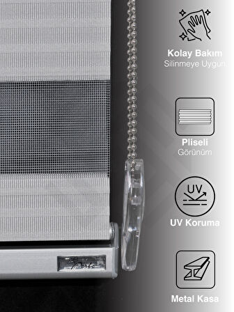 Favolli Geniş Pliseli Açık Gri Renk Zebra Perde Premium Dayanıklı Alüminyum Kasa