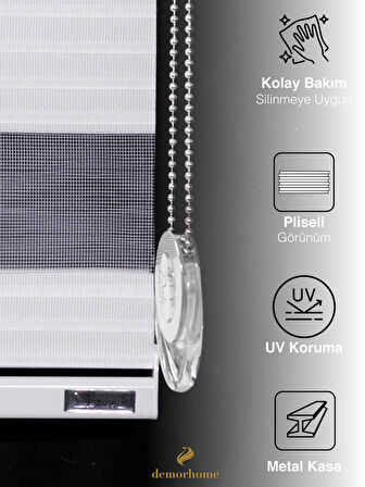 Demor Home Geniş Pliseli Beyaz Zebra Stor Güneşlik Perde Metal Kasa
