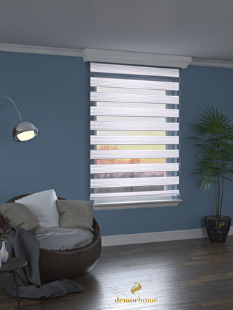 Demor Home Geniş Pliseli Beyaz Zebra Stor Güneşlik Perde Metal Kasa