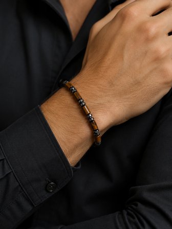 Alnis Atelier Kaplan Gözü Doğal Taş Erkek Bileklik – Hematit Detaylı Ayarlanabilir Makrome Bileklik