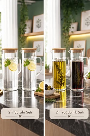 Lunanne Bambu Vakum Kapaklı Cam Sürahi&Yağdanlık 1000 ml 2'li Set