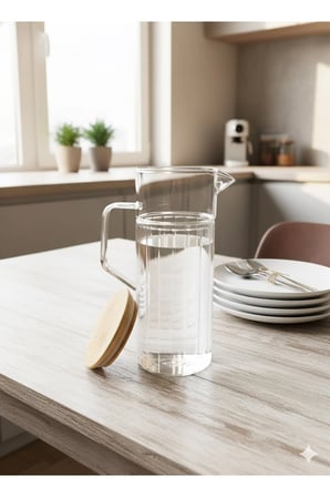 Lunanne Bambu Vakum Kapaklı Cam Sürahi&Yağdanlık 1000 ml 2'li Set