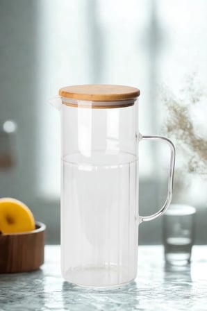 Lunanne Bambu Vakum Kapaklı Cam Sürahi&Yağdanlık 1000 ml 2'li Set