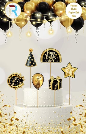 Özel Seri HAPPY BİRTHDAY SİYAH GOLD FİGÜR PASTA ÜSTÜ SÜS Aksesuar Tatlı Parti
