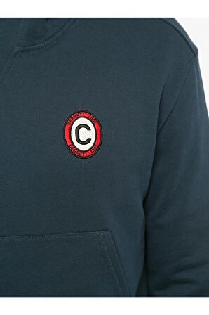 Erkek Lacivert Sıfır Yaka Uzun Kollu Kapşonlu Yan Cepli  Sweatshirt