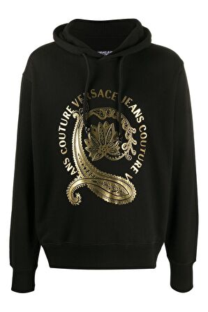 Erkek Siyah Paisley Logo Print Hoodie