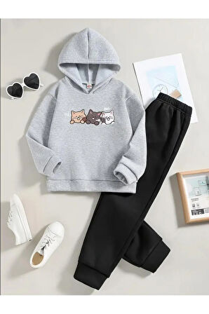 Kız/Erkek Çocuk Gri Kapüşonlu Hello Cat's Baskılı Eşofman Takımı