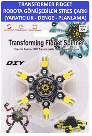 TRANSFORMERS DÖNÜŞTÜRÜLEBİLİR ROBOTİK STRES ÇARKI - ROBOTIC FIDGET SPINNER -RENK:SARI