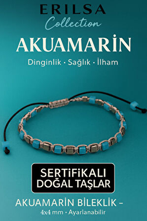 Sertifikalı Doğal Terahertz - Akuamarin Taşı Bileklik 4x4 mm - Dinginlik Sağlık ve İletişim Taşı