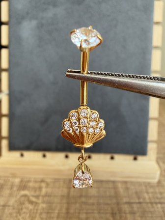 %100 316 L Cerrahi Çelik Deniz Kabuğu Damla Sallantı Zirkon 10x1,6mm Çelik Göbek Piercing